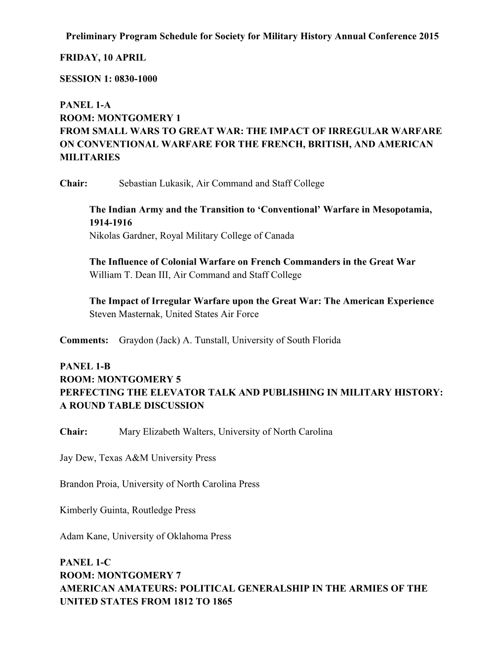 Preliminary Program Schedule for Society for Military History Annual Conference 2015