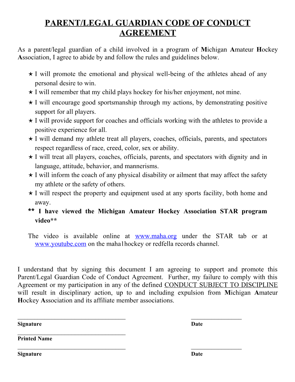 Parent/Legal Guardian Code of Conduct Agreement