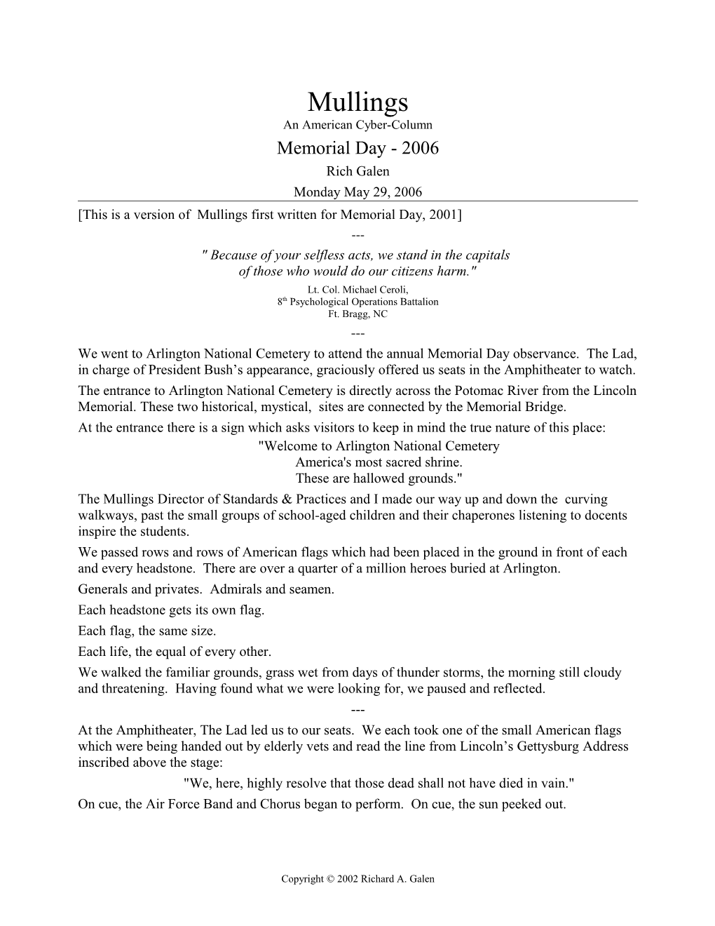 This Is a Version of Mullings First Written for Memorial Day, 2001