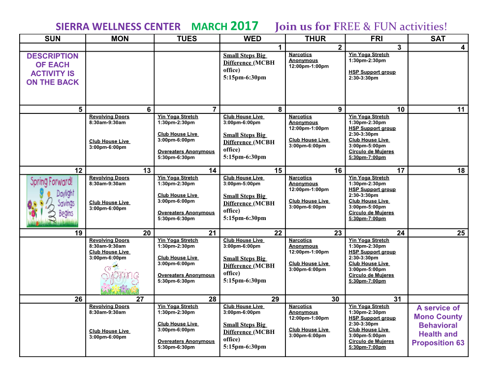 SIERRA WELLNESS CENTER March 2013 Join Us for FREE & FUN Activities s2