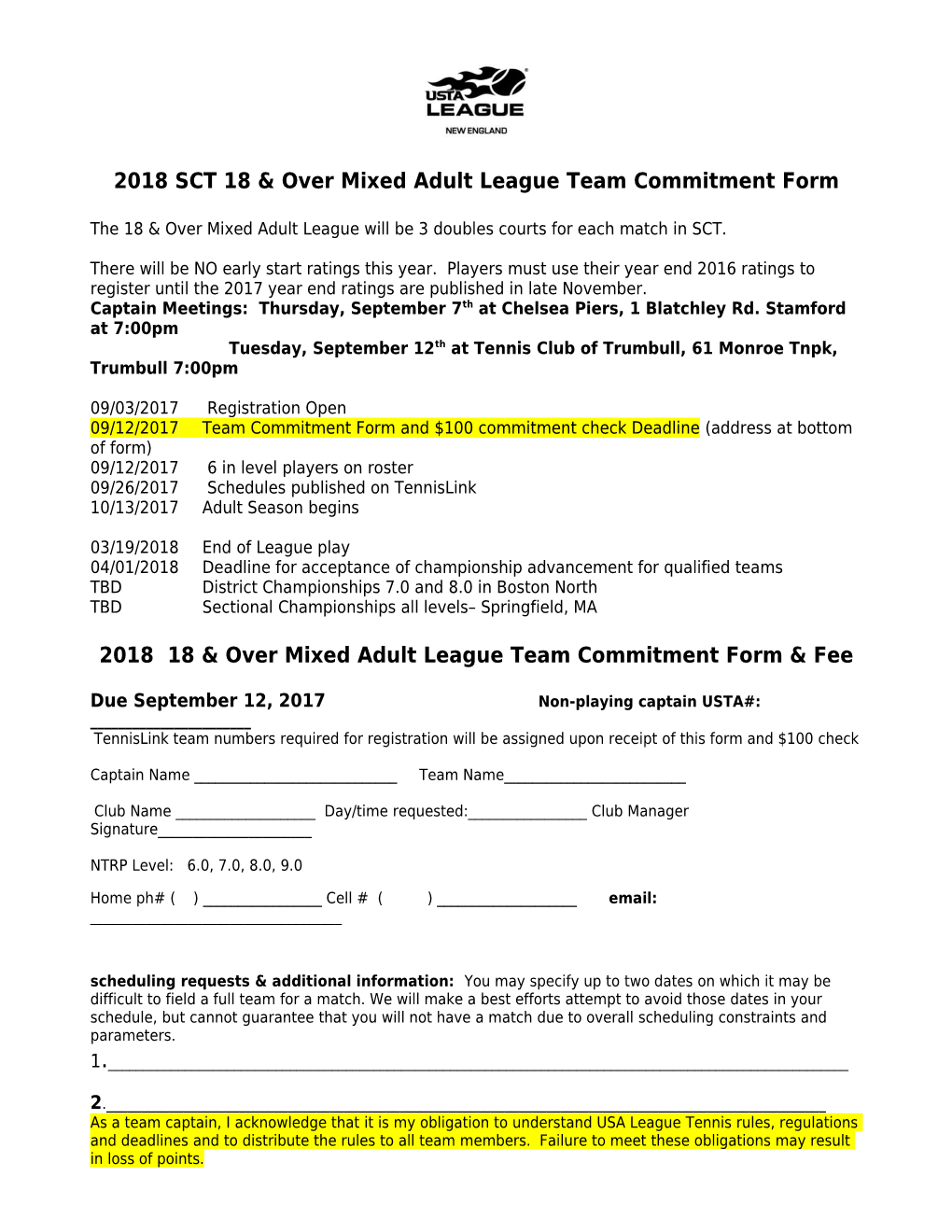 2018 SCT 18 & Over Mixed Adult League Team Commitment Form