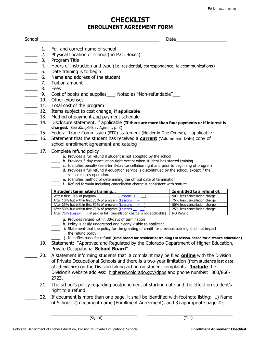 Enrollment Agreement Form Checklist