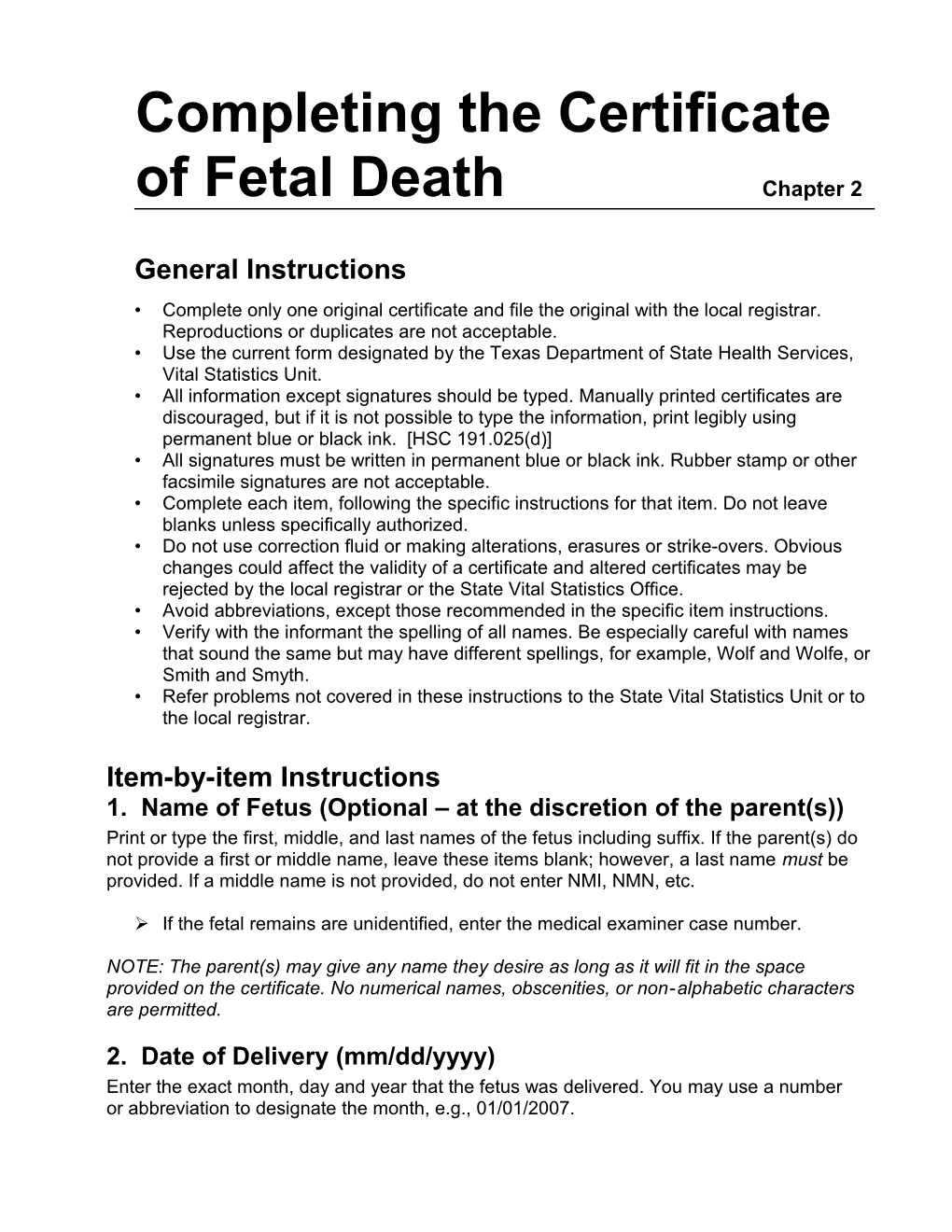 Completing the Certificate of Fetal Death Chapter 2