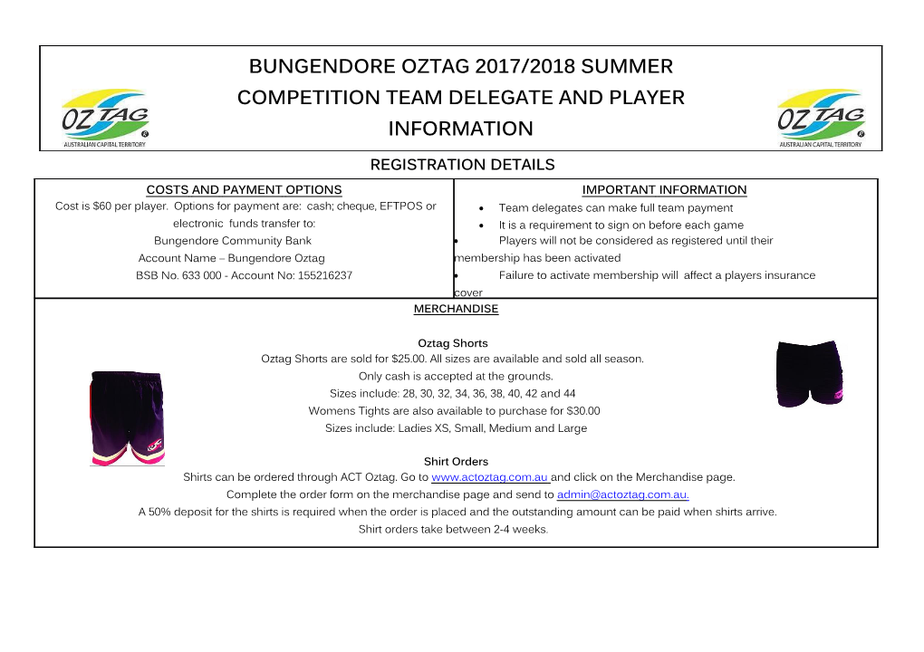 Bungendore Oztag 2017/2018 Summer Competition Team Delegate and Player Information