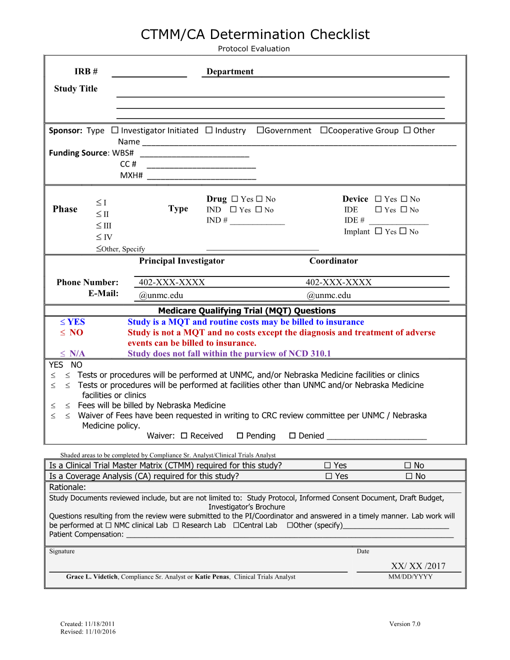 Shaded Areas to Be Completed by Compliance Sr. Analyst/Clinical Trials Analyst