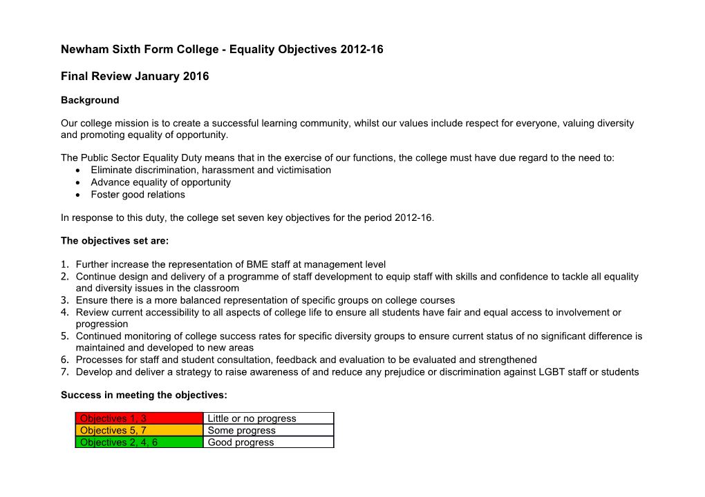 Newham Sixth Form College - Equality Objectives 2012-16