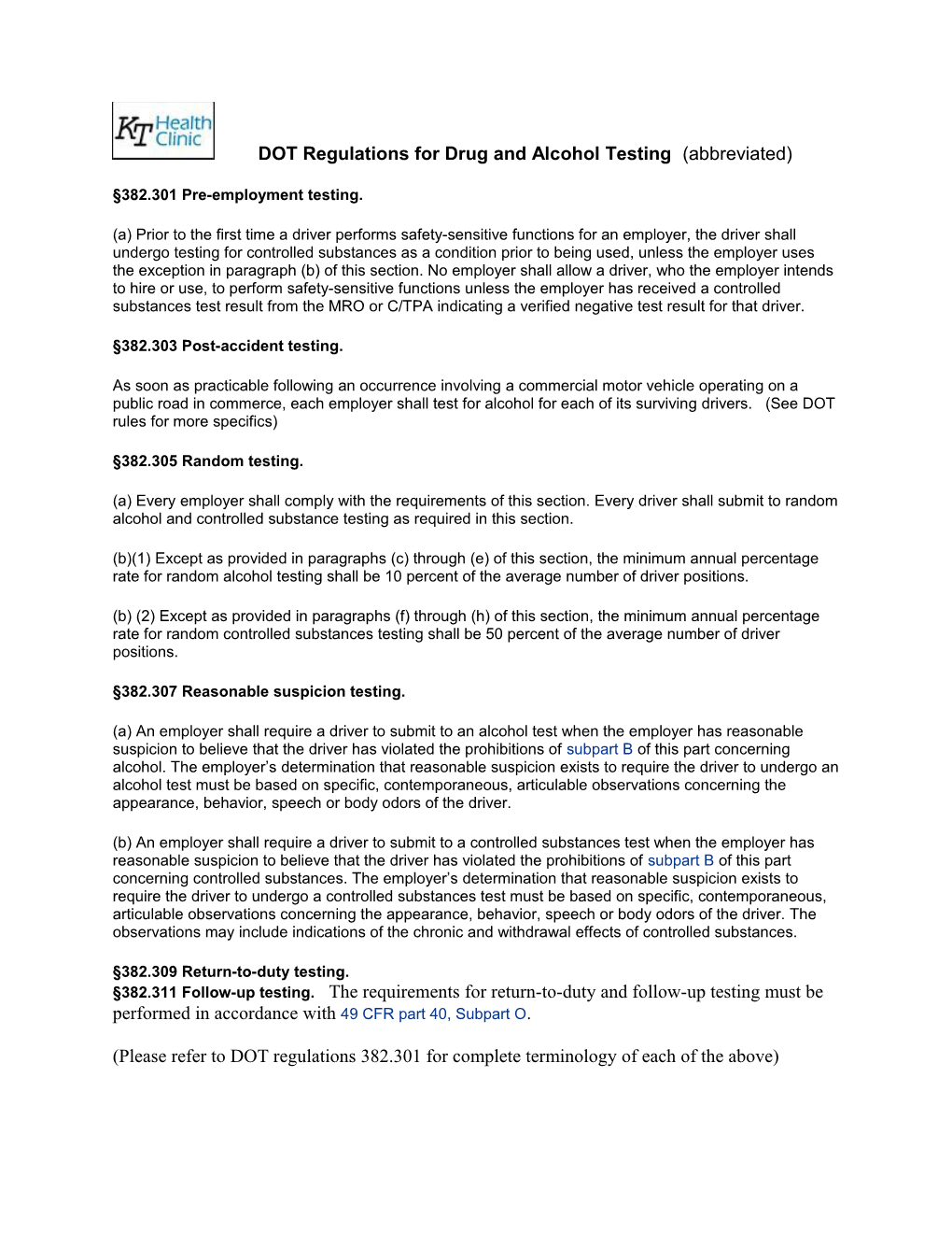 DOT Regulations for Drug and Alcohol Testing (Abbreviated)