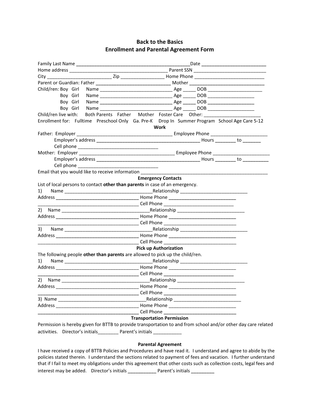 Enrollment and Parental Agreement Form