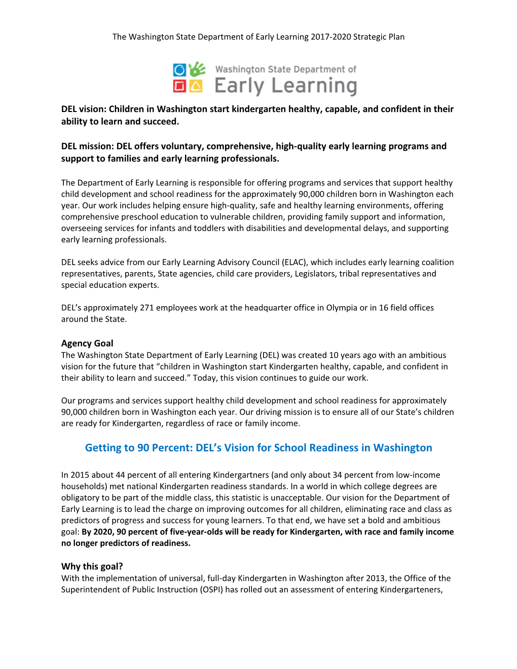The Washington State Department of Early Learning 2017-2020 Strategic Plan