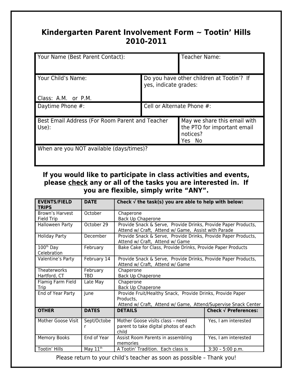 1St Grade Parent Involvement Form