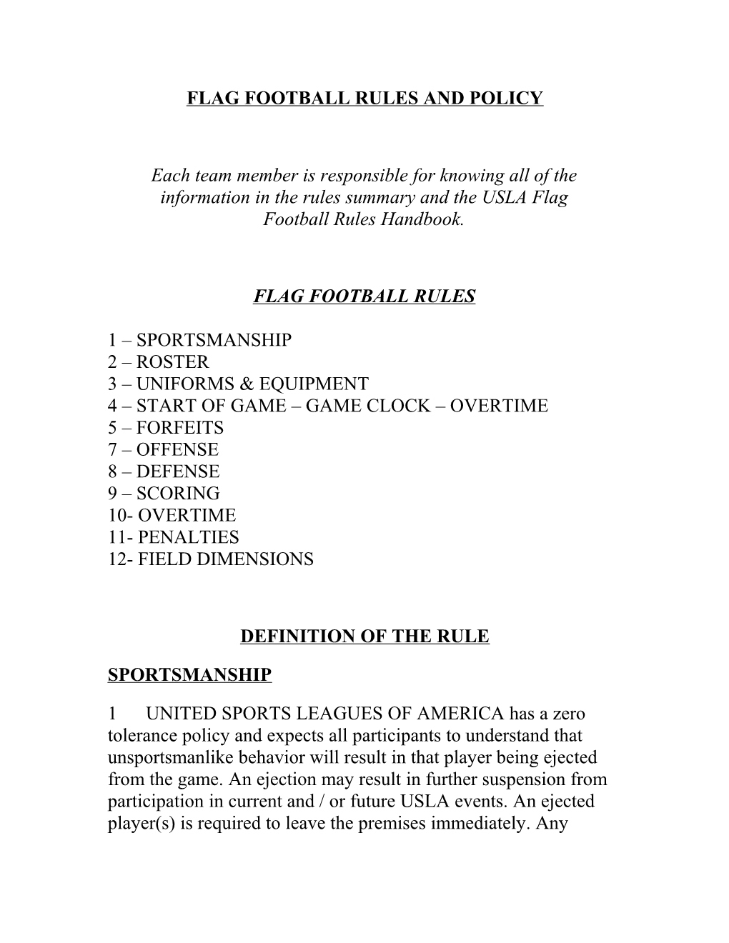 Flag Football Rules and Policy