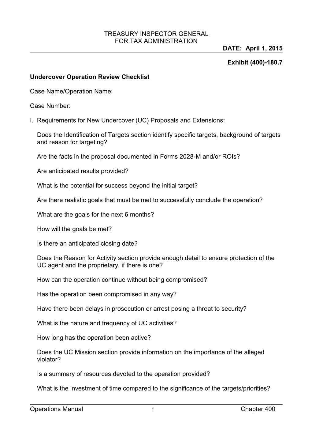 Undercover Operation Review Checklist