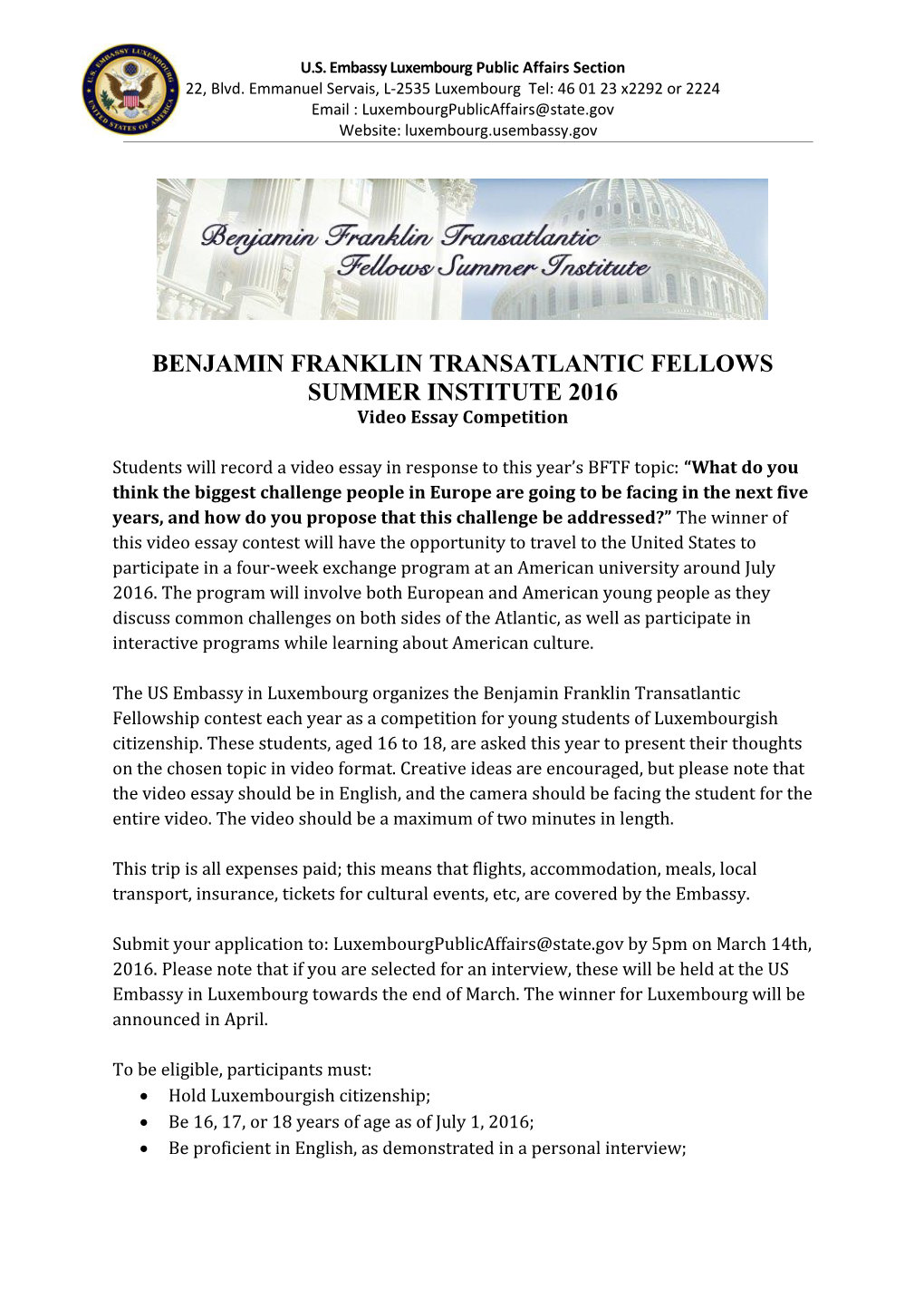 Benjamin Franklin Transatlantic Fellows Summer Institute 2016