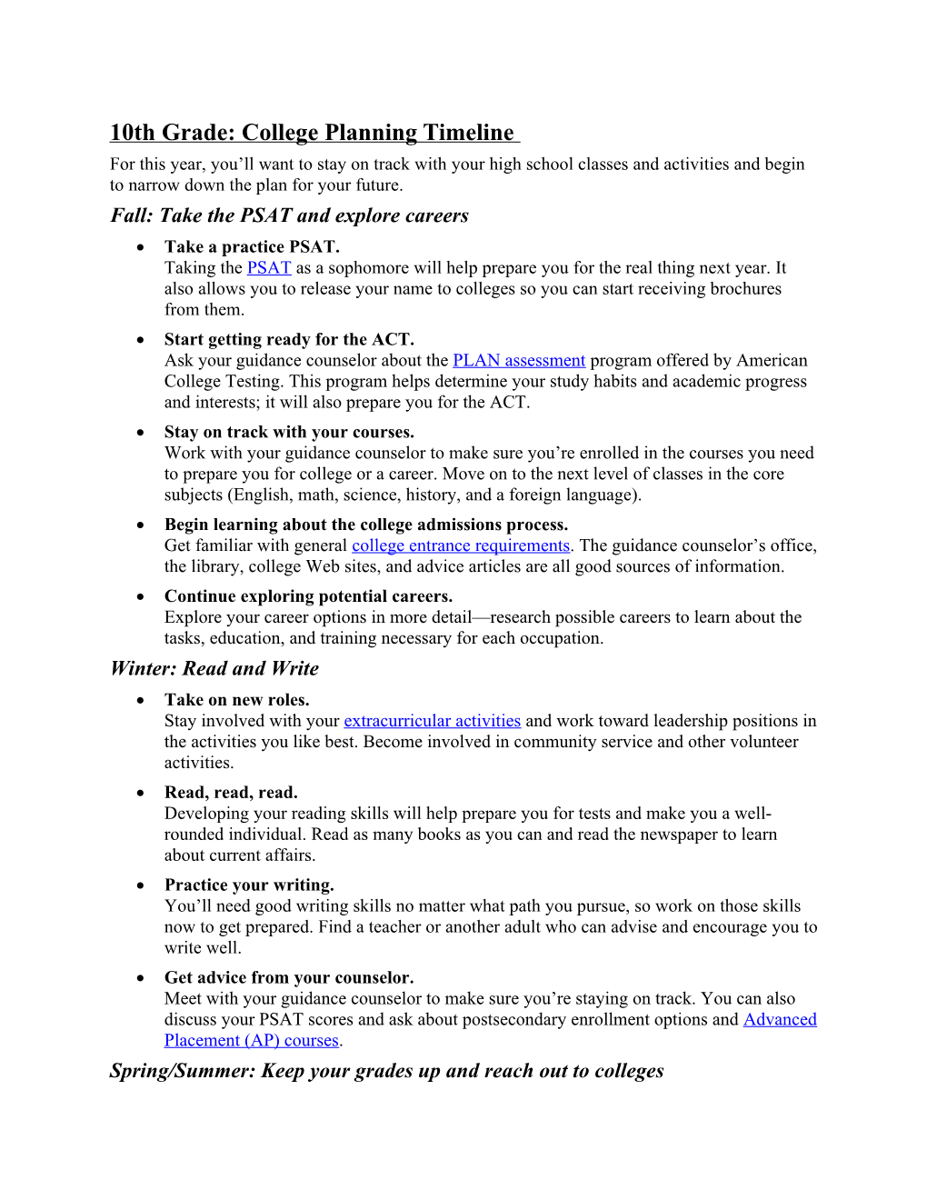 10Th Grade: College Planning Timeline