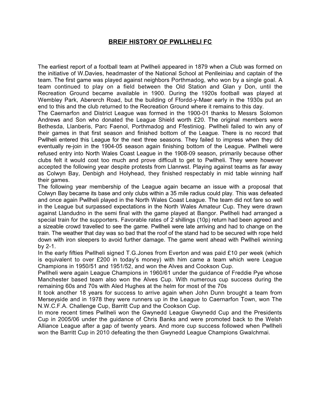 Breif History of Pwllheli Fc
