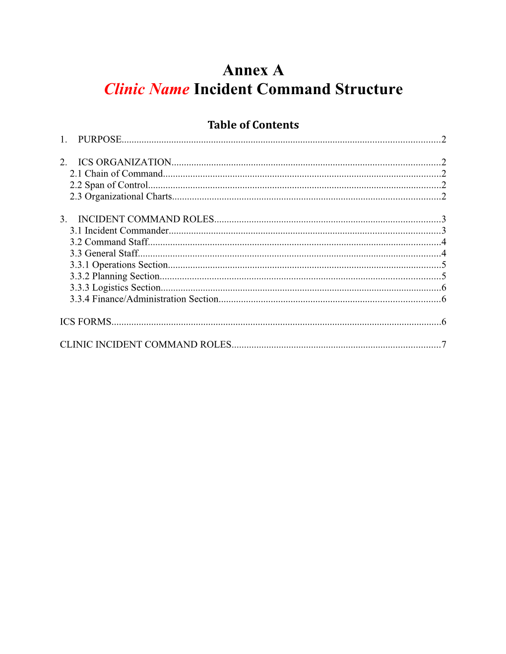 Clinic Name Incident Command Structure