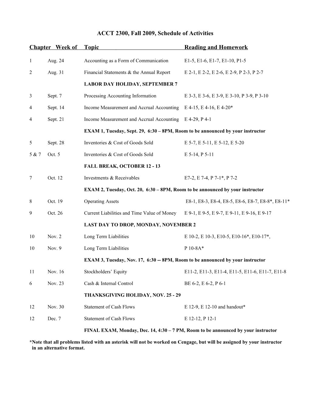 ACCT 2300, Fall 2009, Schedule of Activities