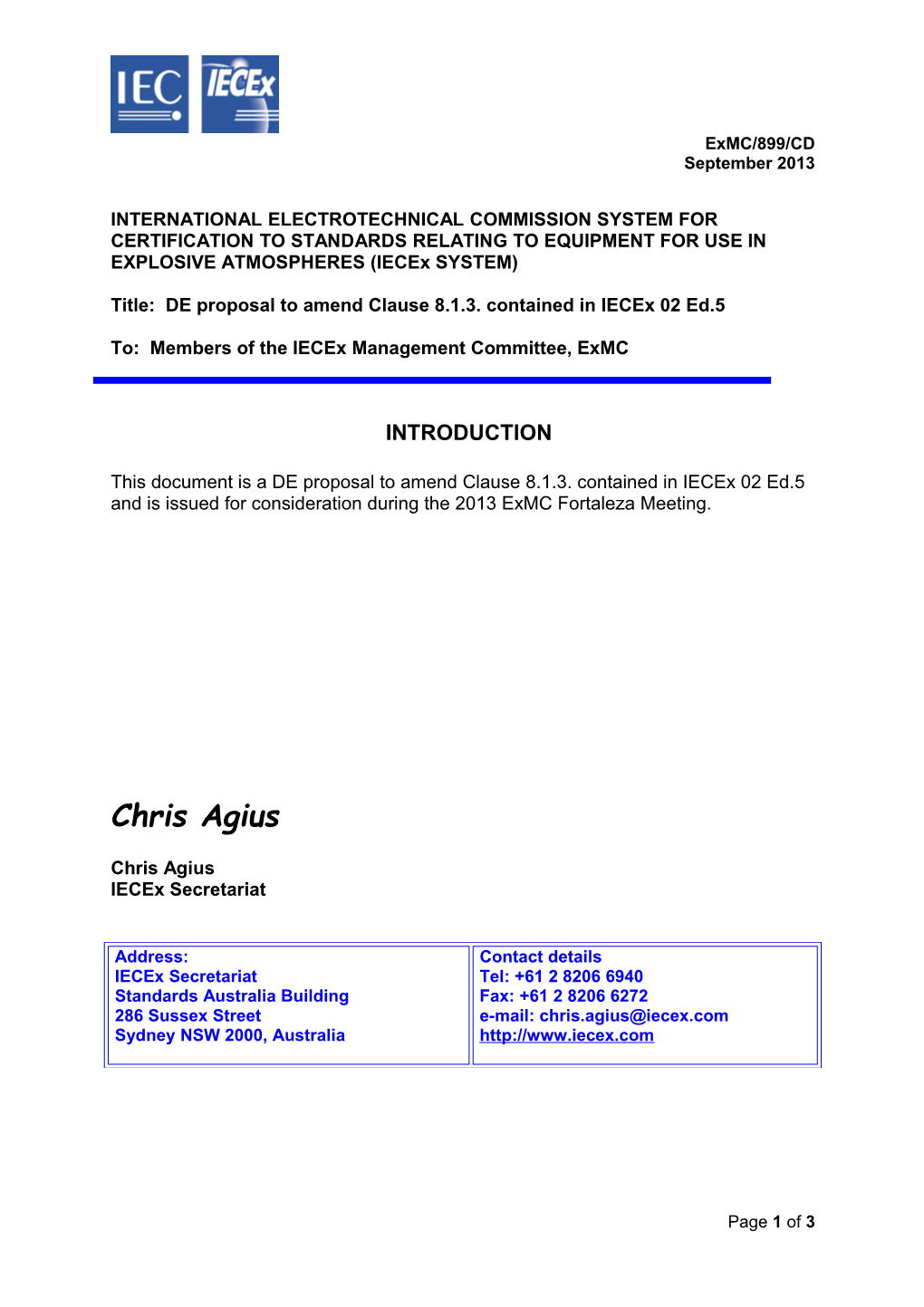 Title: DE Proposal to Amend Clause 8.1.3. Contained in Iecex 02 Ed.5