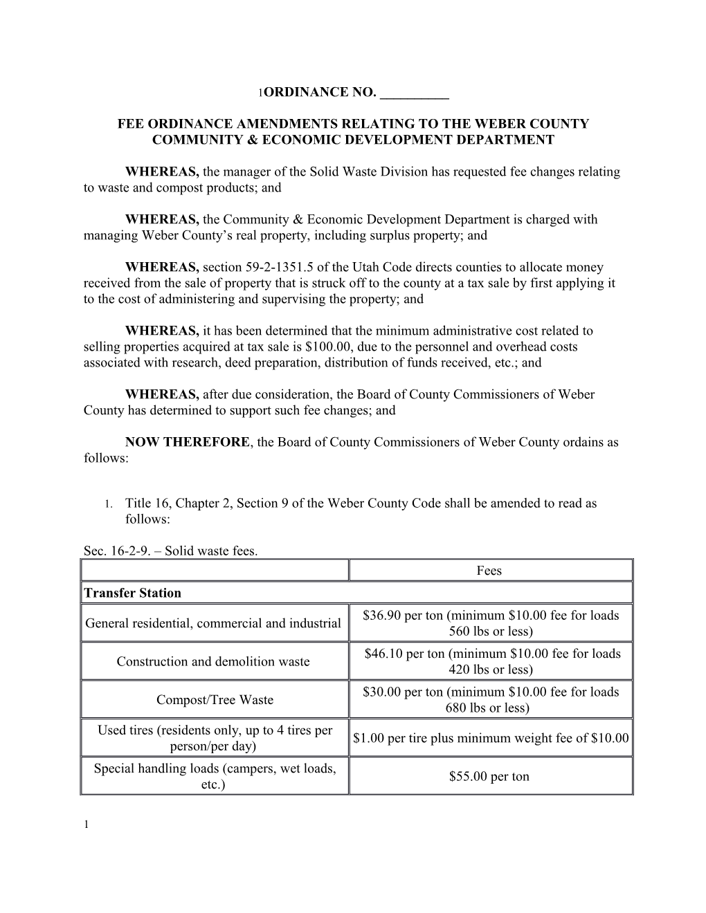 Fee Ordinance Amendments Relating to the Weber County Community & Economic Development