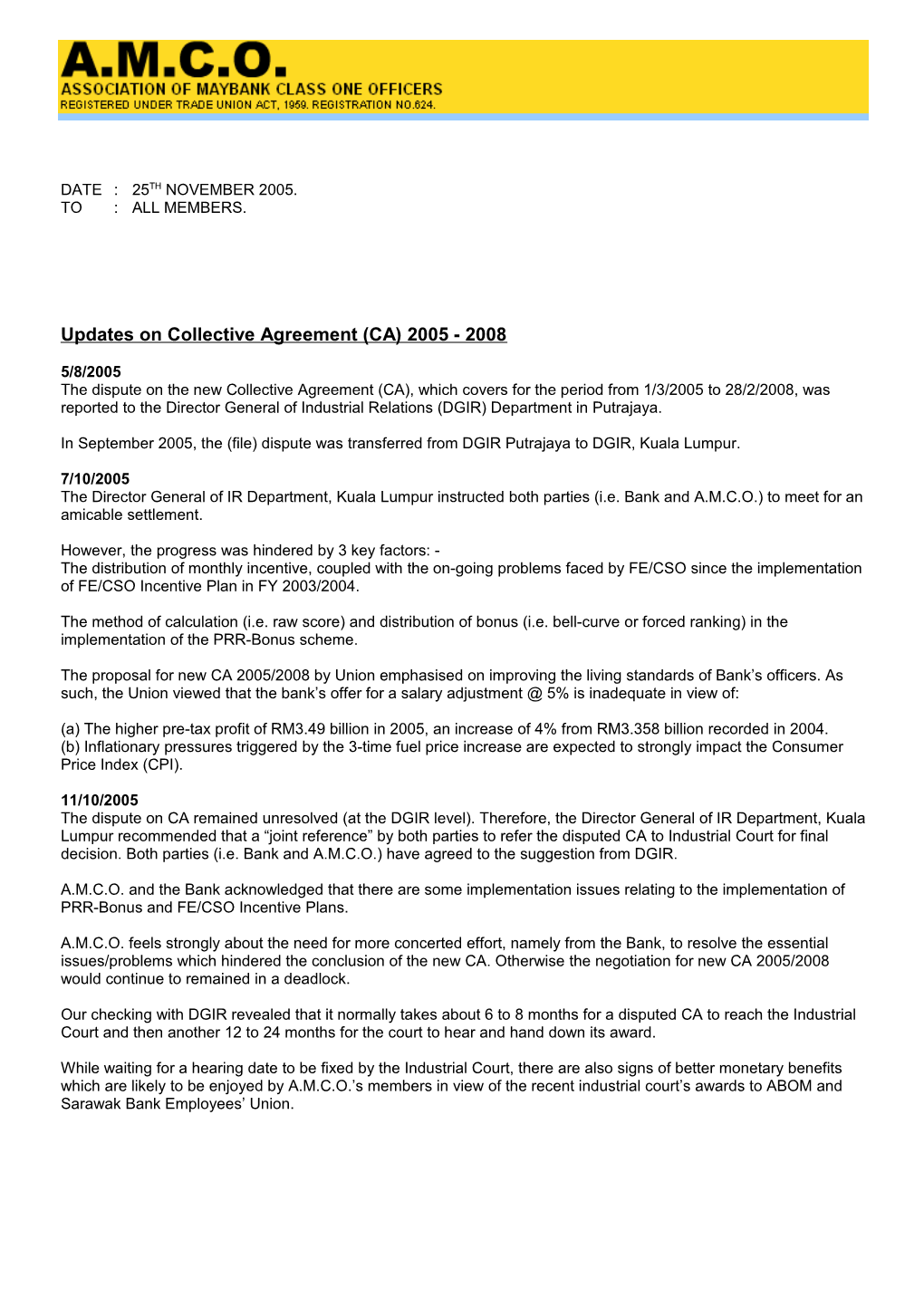 Updates on Collective Agreement (CA)2005-2008
