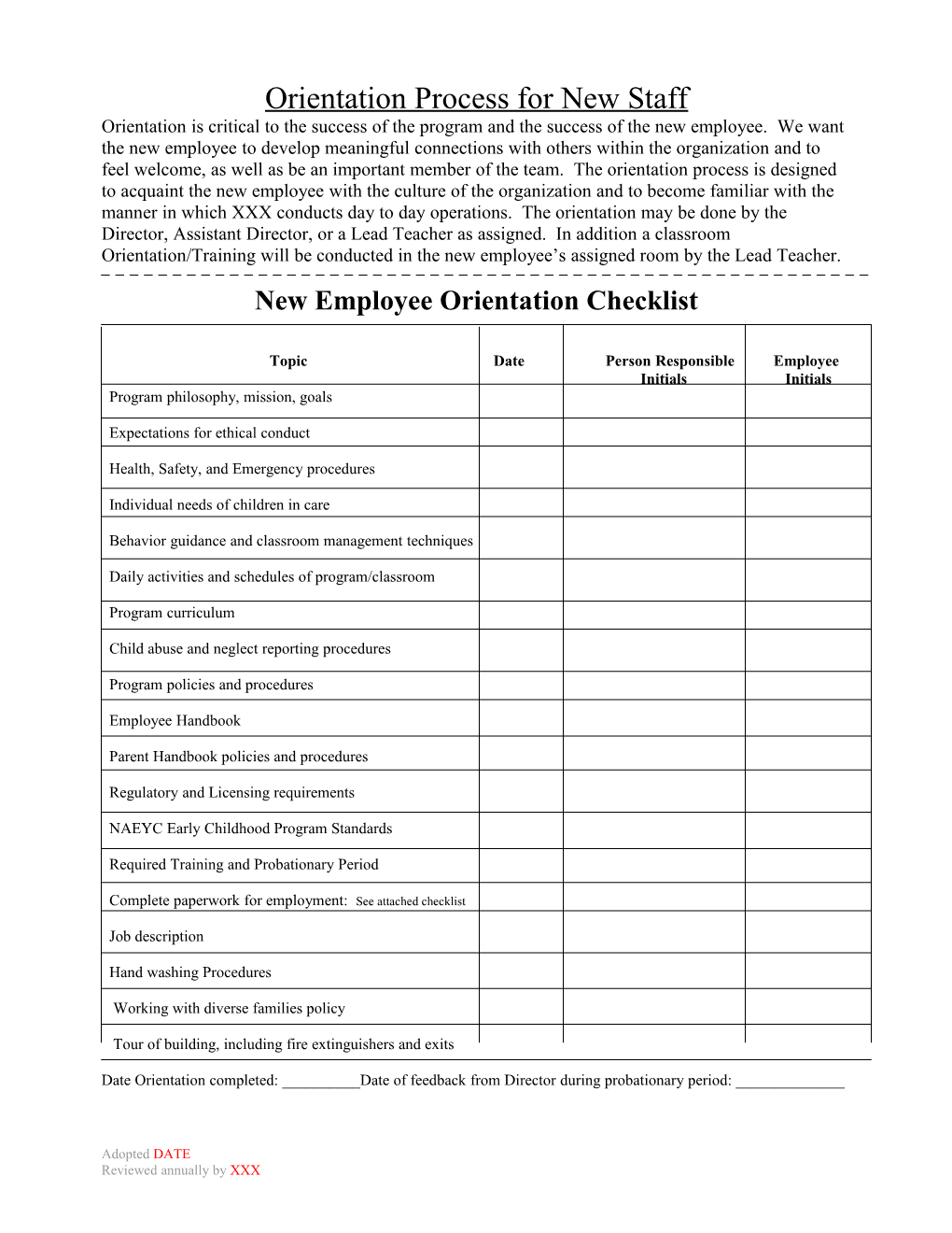 Orientation Process for New Staff