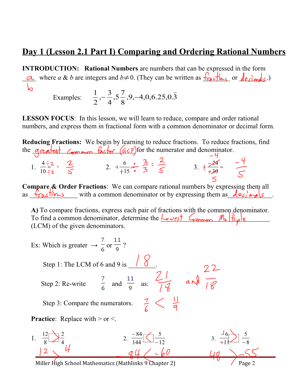 Day 1 (Lesson 2.1 Part I) Comparing and Ordering Rational Numbers