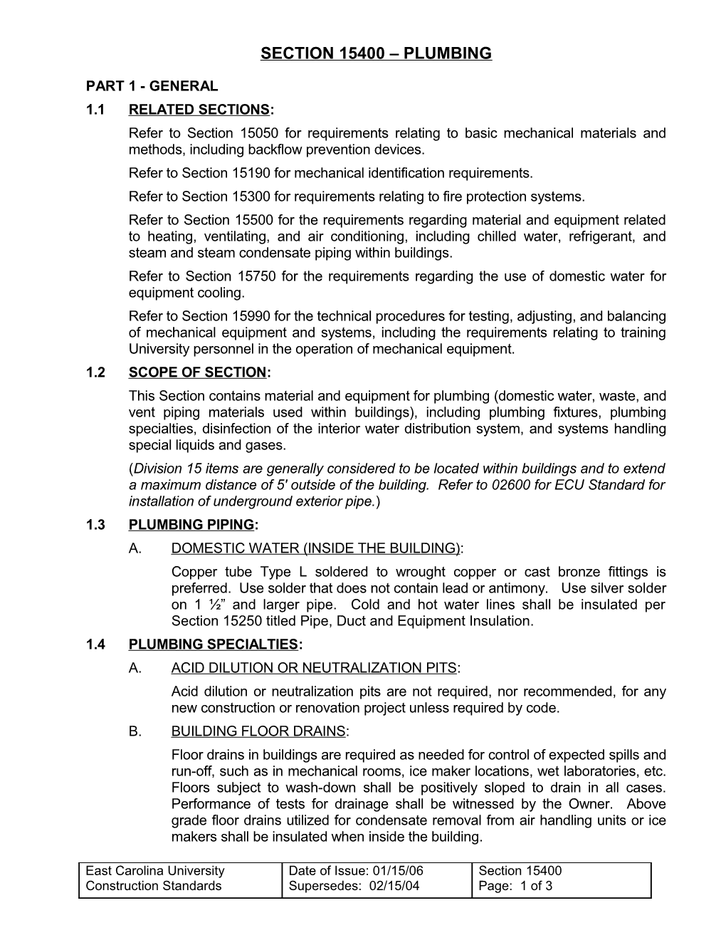 ECU Construction Standards Section 15400; Plumbing