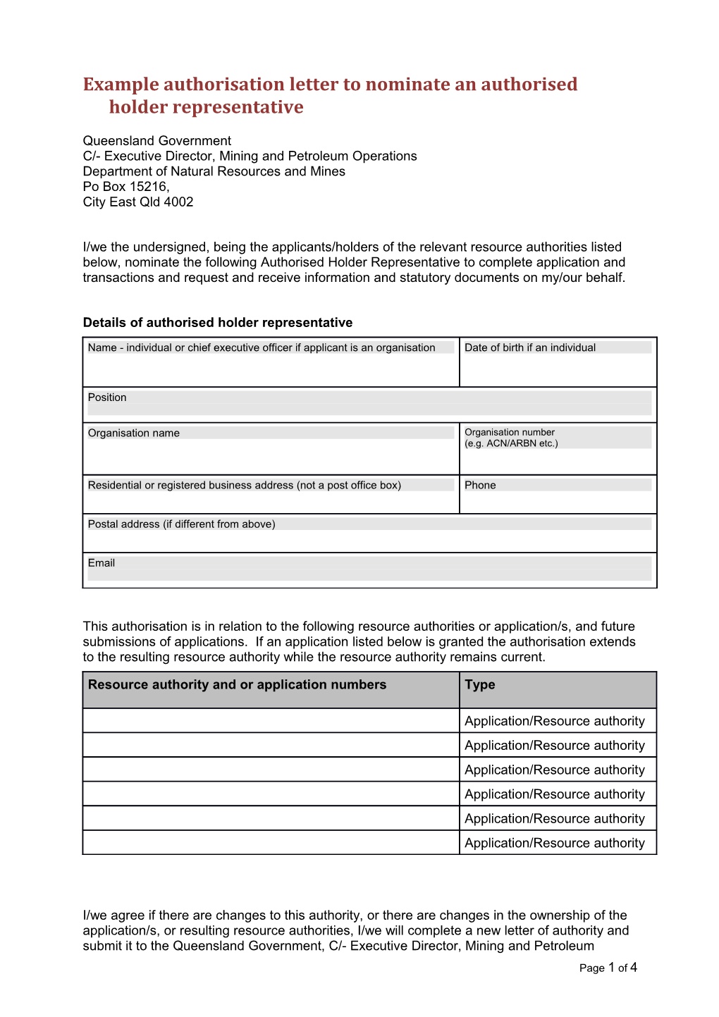 Authorisation Letter to Nominate an Authorised Holder Representative