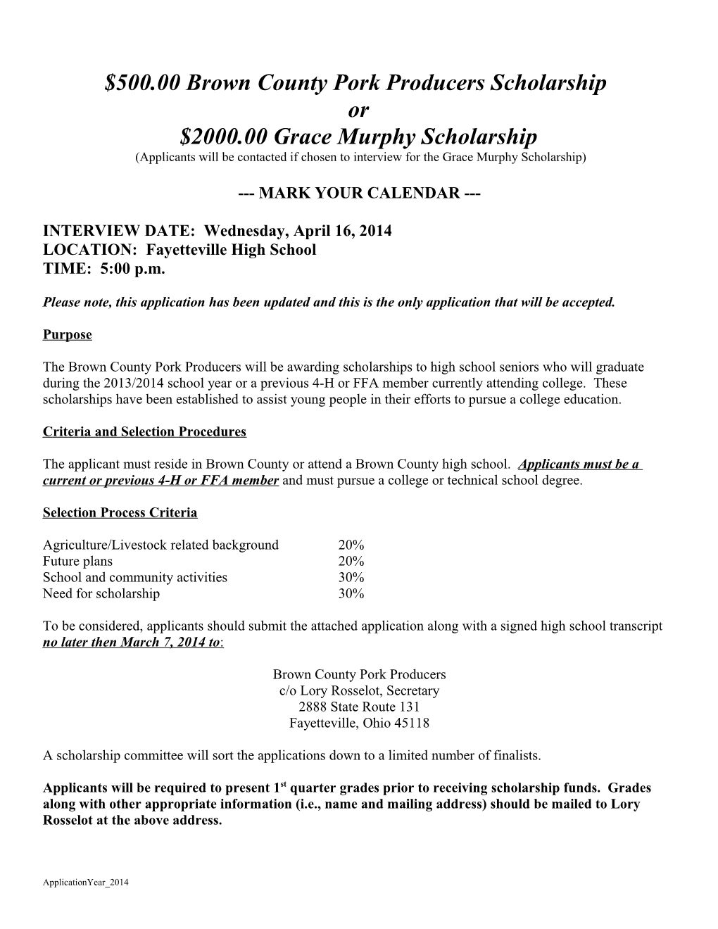 $500.00 Brown County Pork Producers Scholarship