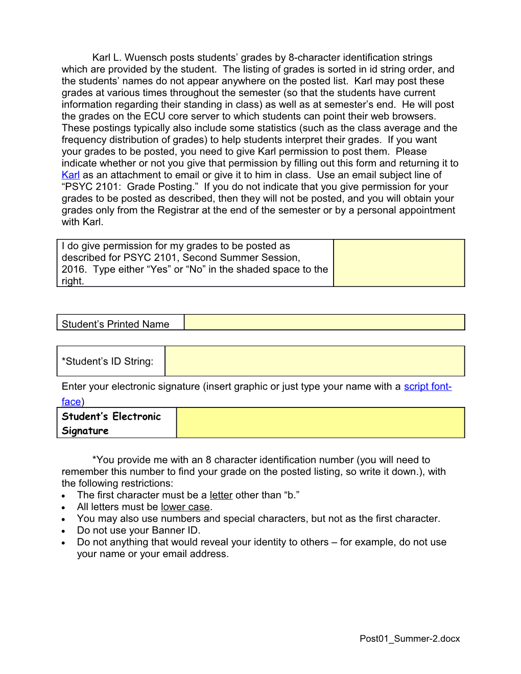 Grade Posting Form for PSYC 2101