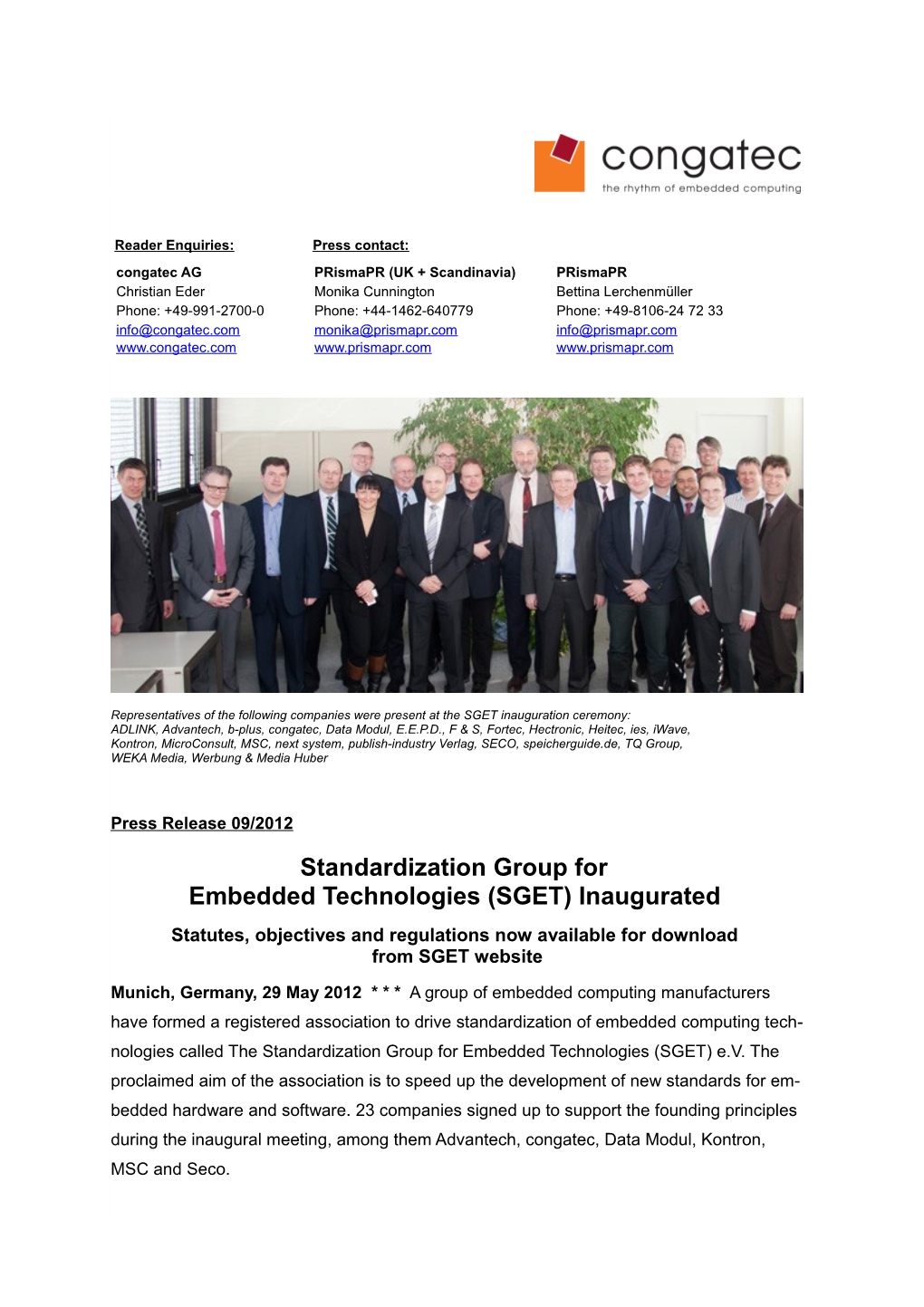 Standardization Group for Embedded Technologies Inaugurated