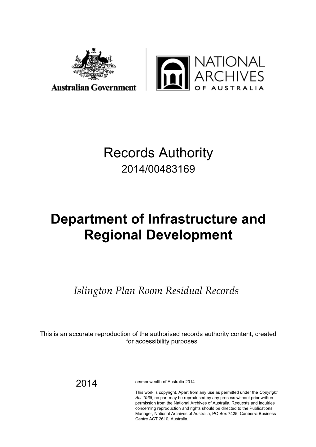 Department of Infrastructure and Regional Development Islington Plan Room Residual Records