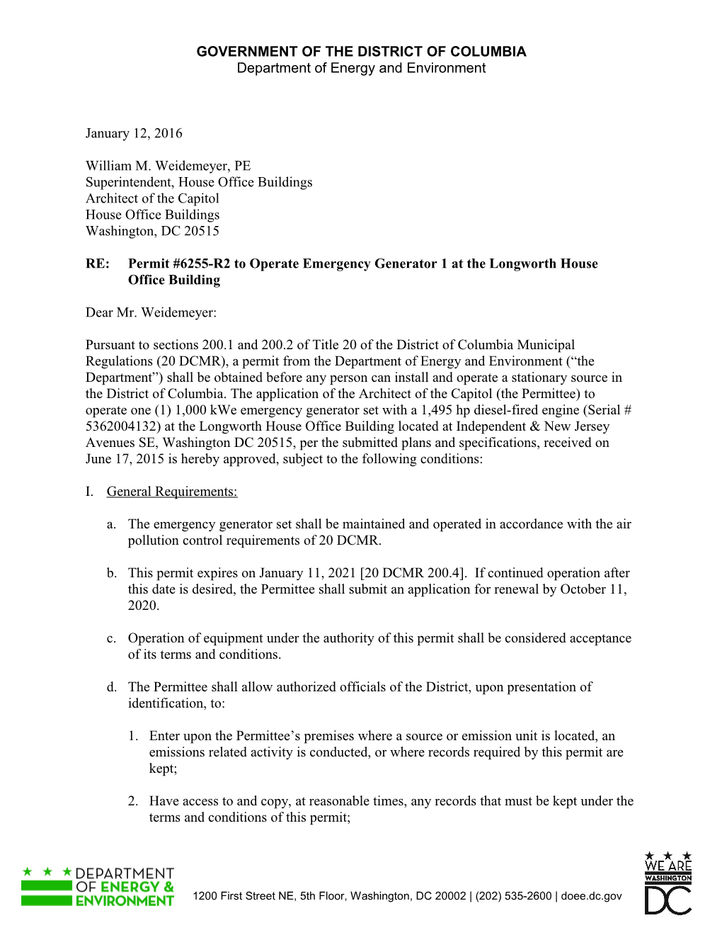 Permit #6255-R2 to Operate Emergency Generator1 at the Longworthhouse Office Building