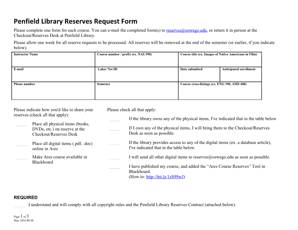 Penfield Library Reserves Request Form
