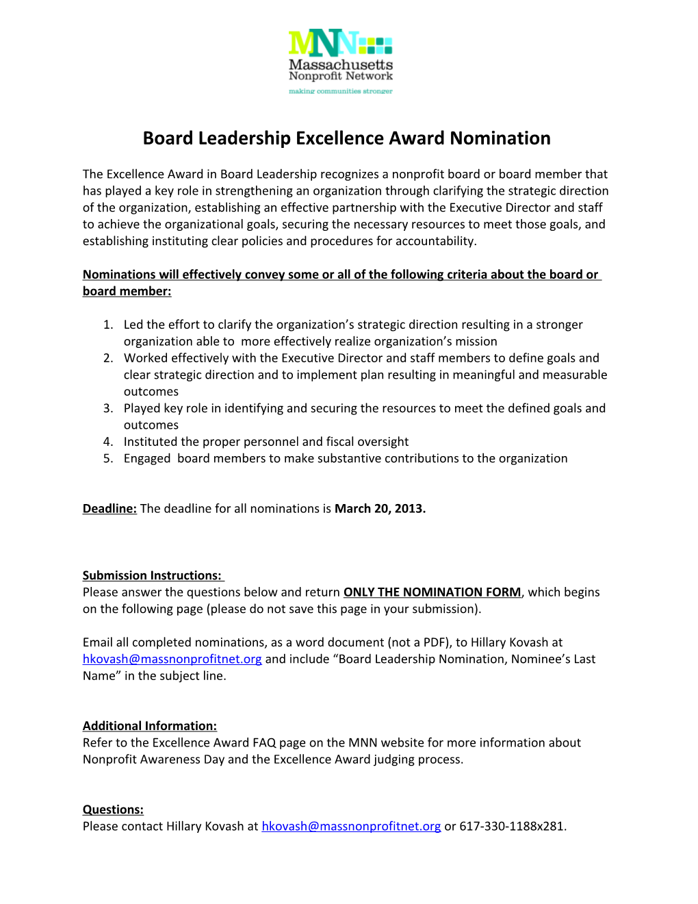 Board Leadership Excellence Award Nomination