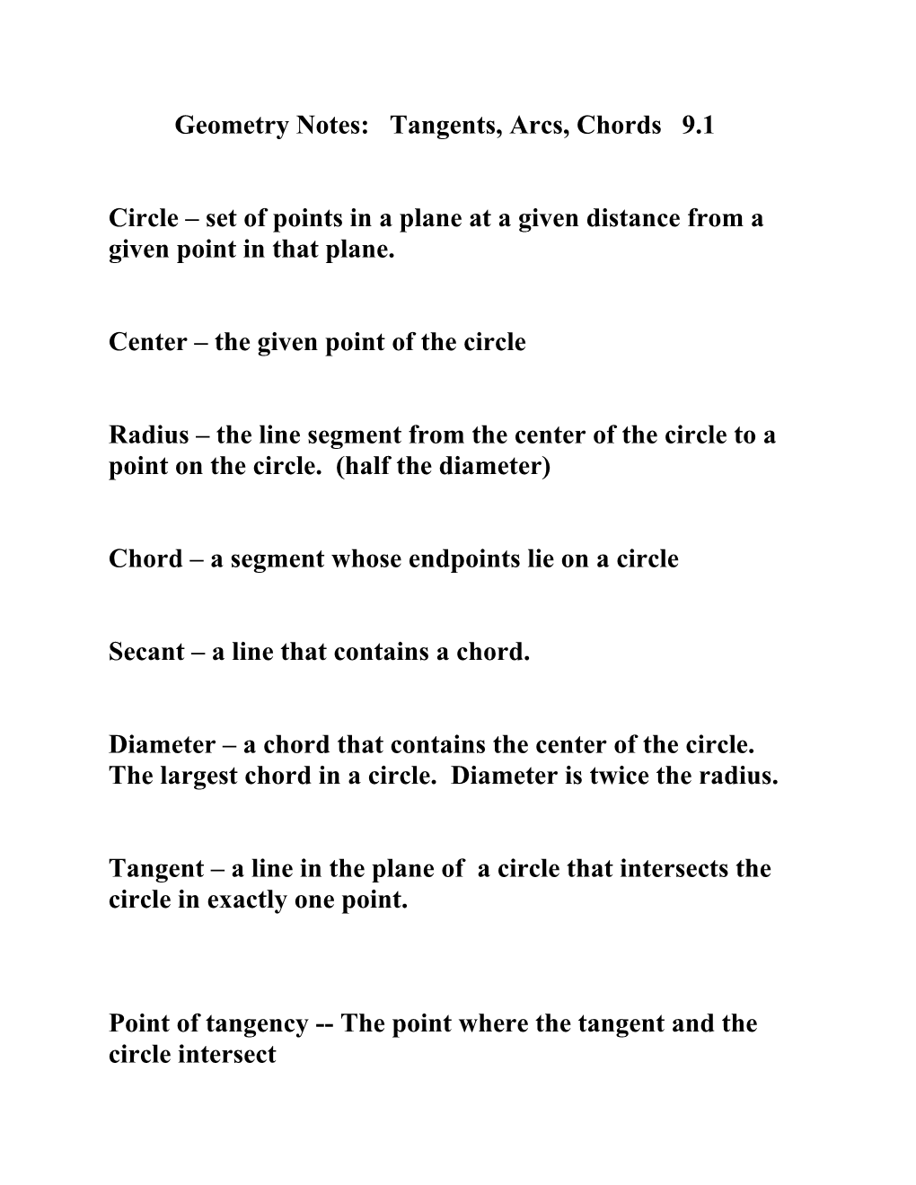 Geometry Notes Tangents Arcs, Chords 9