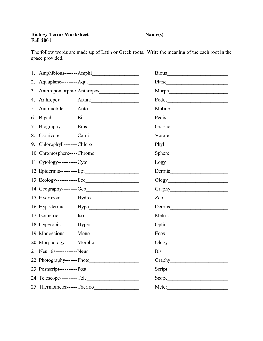 Biology Terms Worksheet Name(S)