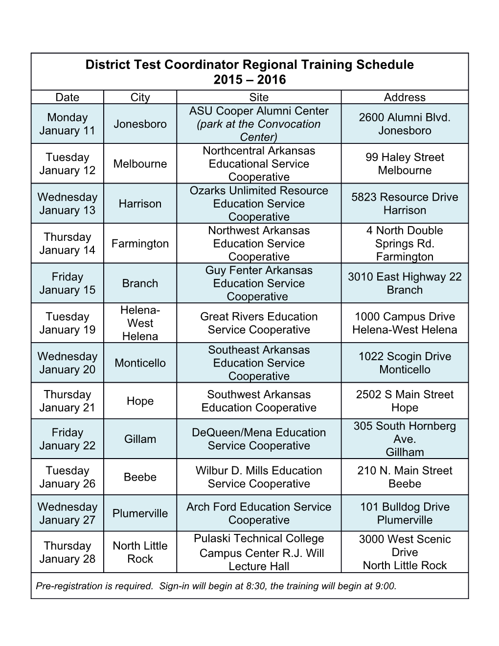 District Test Coordinator Regional Training Schedule 2015 2016