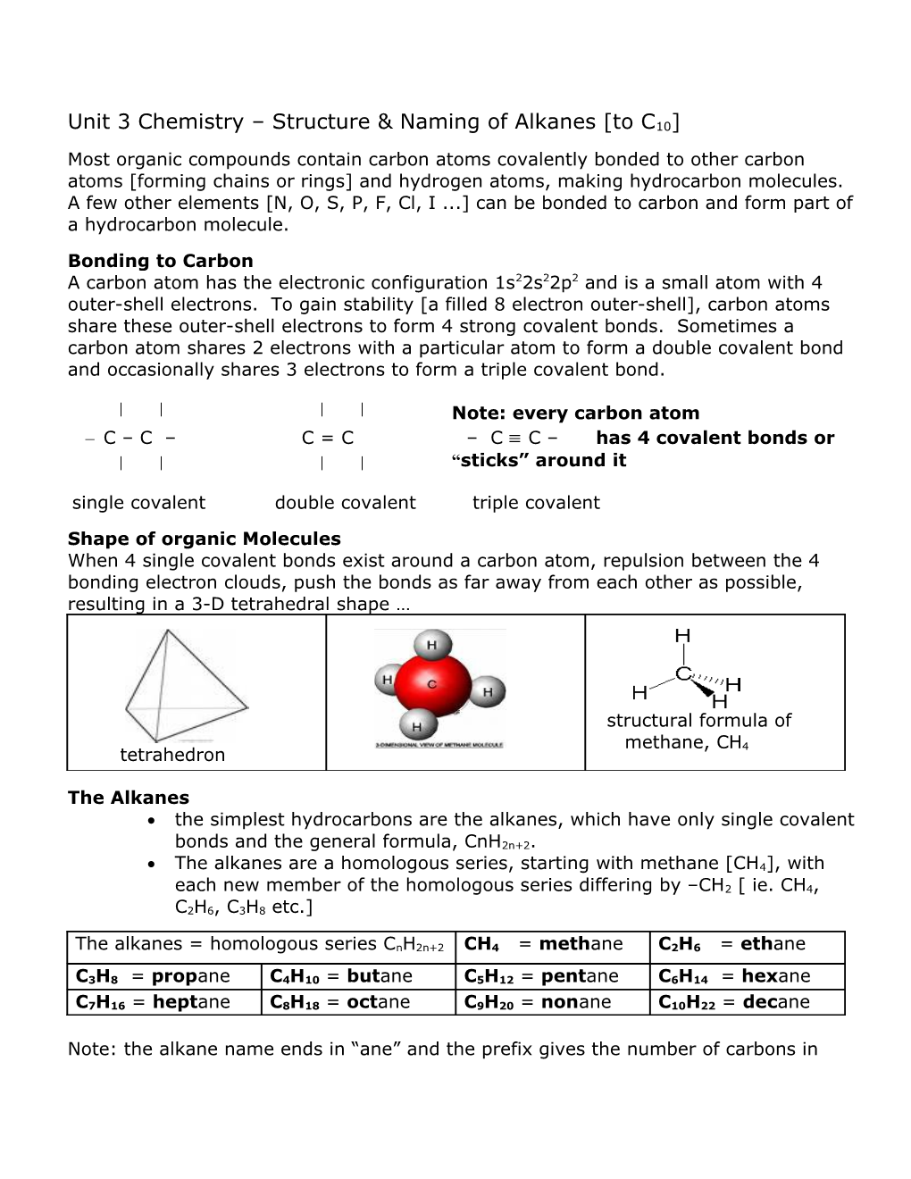 Unit 3 Chemistry Structure and Naming Organic Compounds to C10