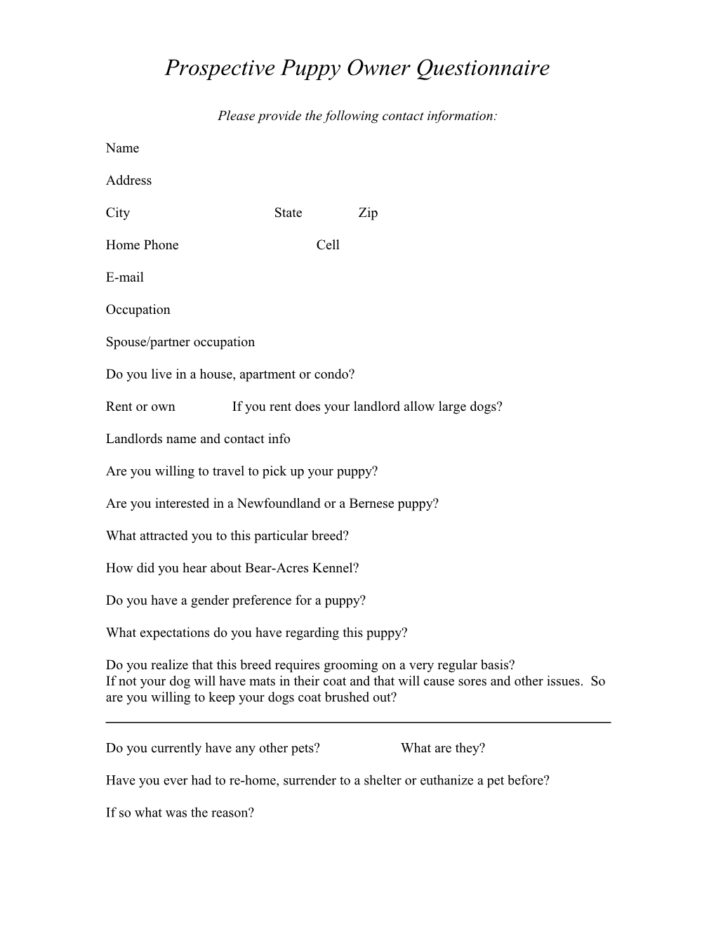 Prospective Puppy Owner Questionnaire