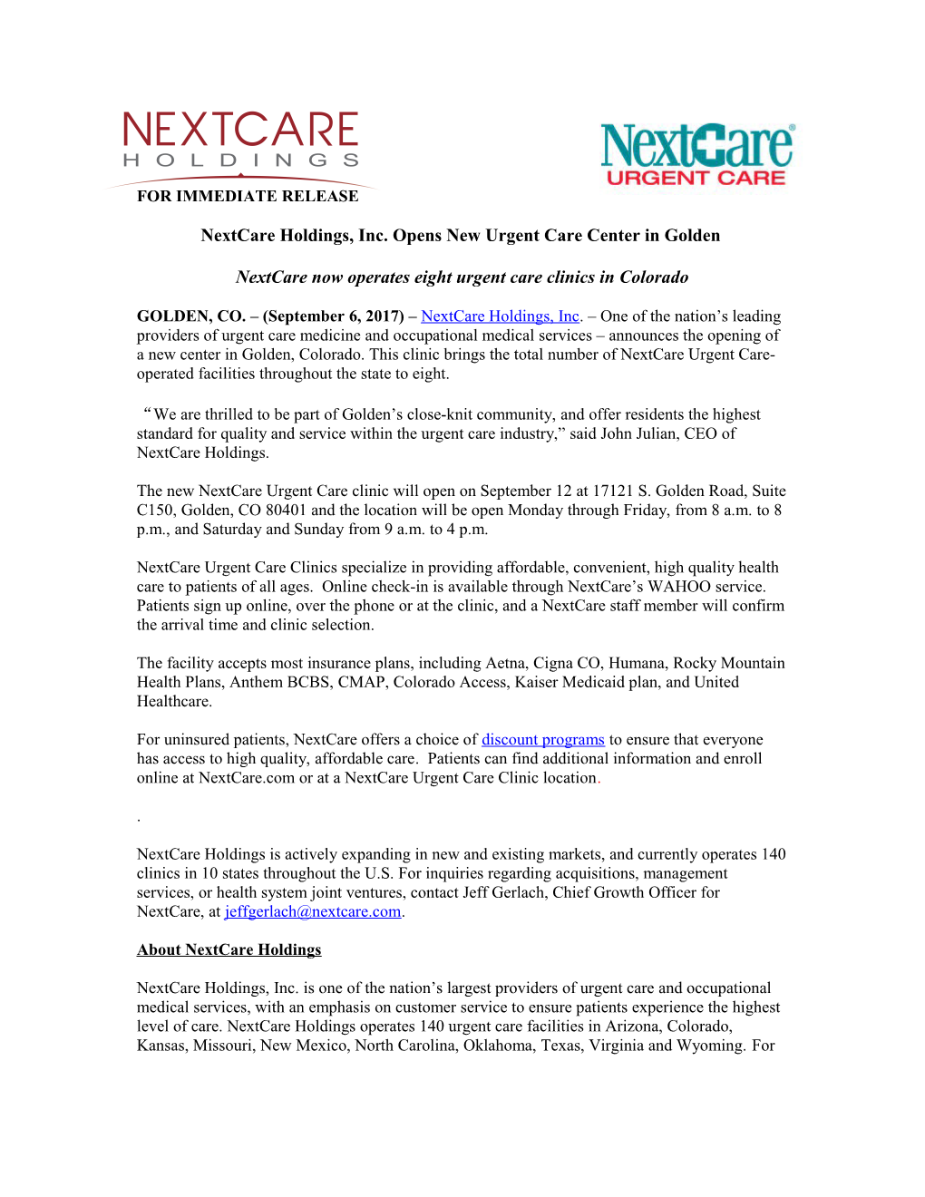 Nextcare Now Operates Eight Urgent Care Clinics in Colorado