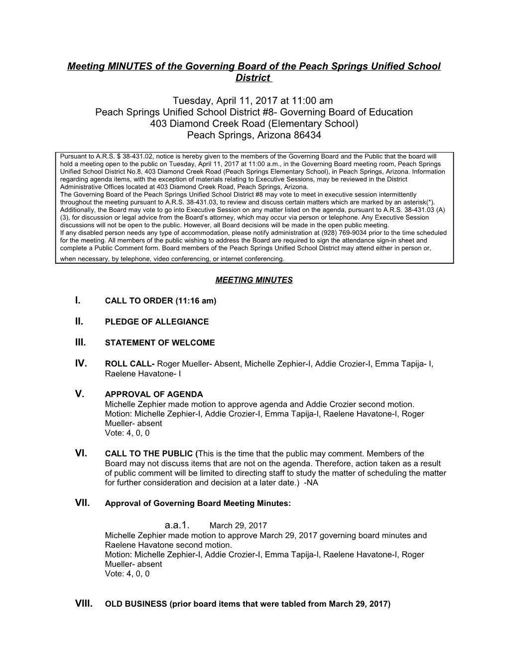 Meeting MINUTES of the Governing Board of the Peach Springs Unified School District