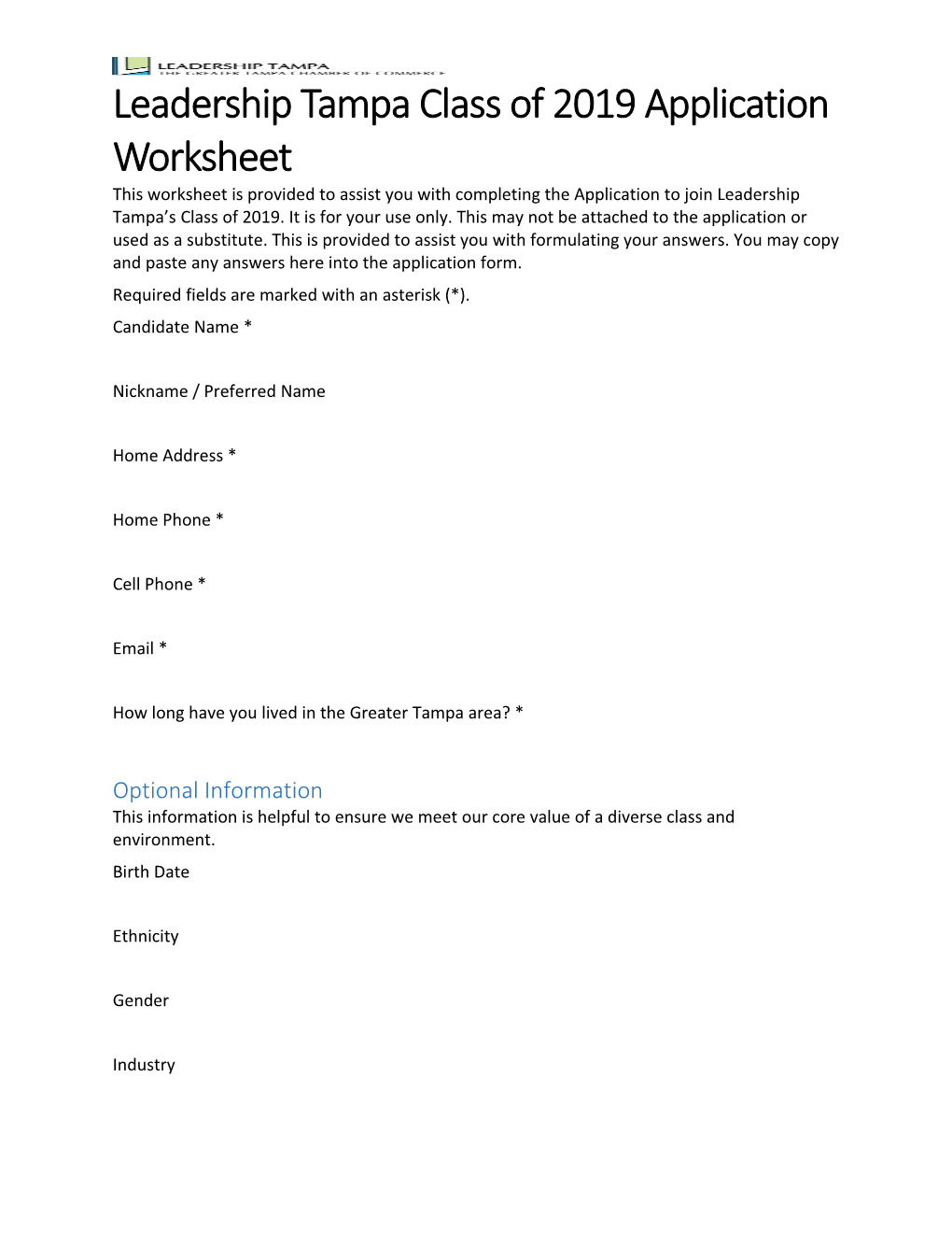 Leadership Tampa Class of 2019 Application Worksheet