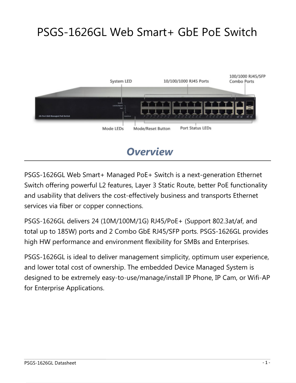 PSGS-1626GL Web Smart+ Gbe Poe Switch