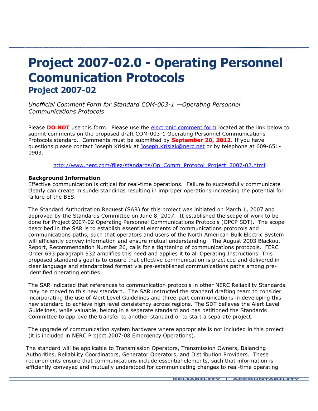 Project 2007-02.0 - Operating Personnel Coomunication Protocols