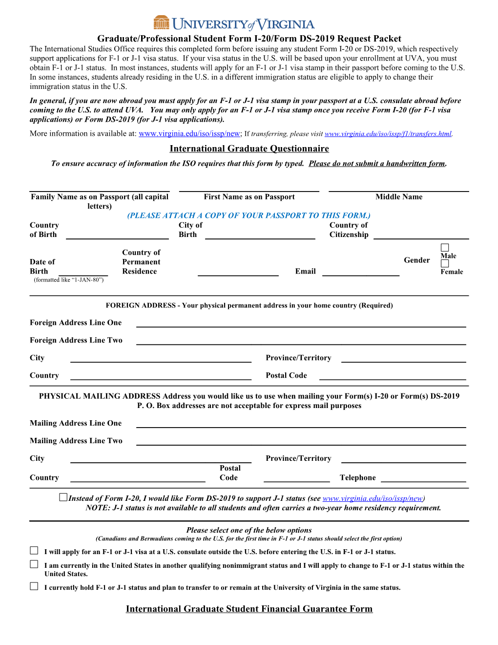 2004 Application for Form I-20: Certificate of Eligibility for Nonimmigrant (F-1) Student Status
