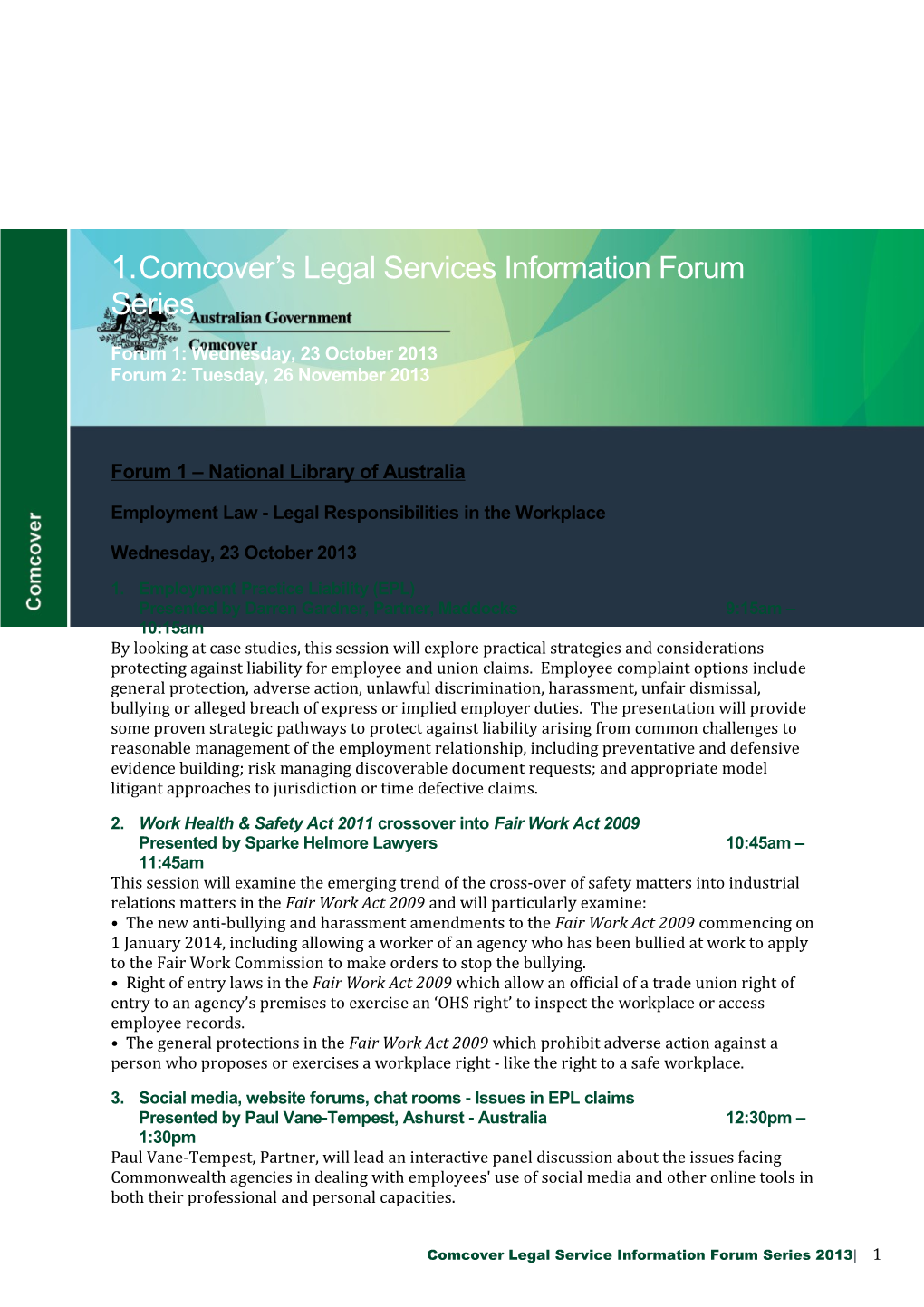 Comcover S Legal Services Information Forum Series