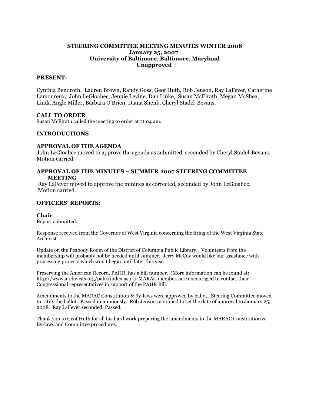 Steering Committee Meeting Minutes Spring 2006