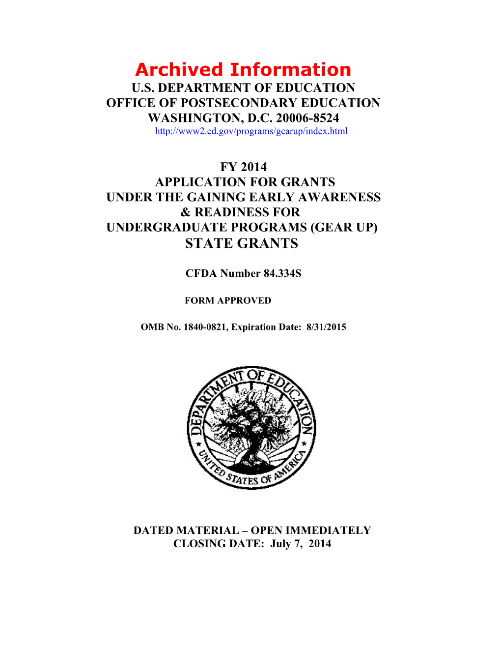 Archived: FY 2014 Grant Application - GEAR up State Grants (MS Word)