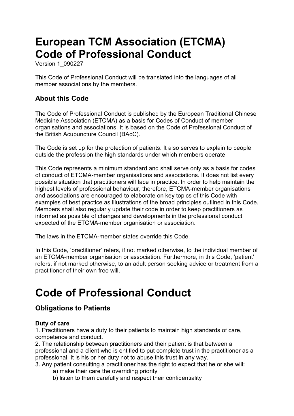 British Acupuncture Council Code of Professional Conduct